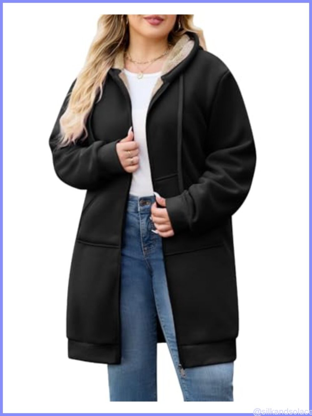 Women's Plus Size Long Fleece Hoodie Zip Up Winter Warm Casual Soft